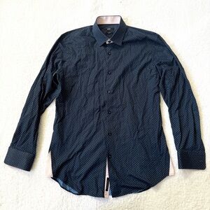 Hugo Boss Button Down Shirt Mens Large Navy Blue Slim Fit Geometric Print
